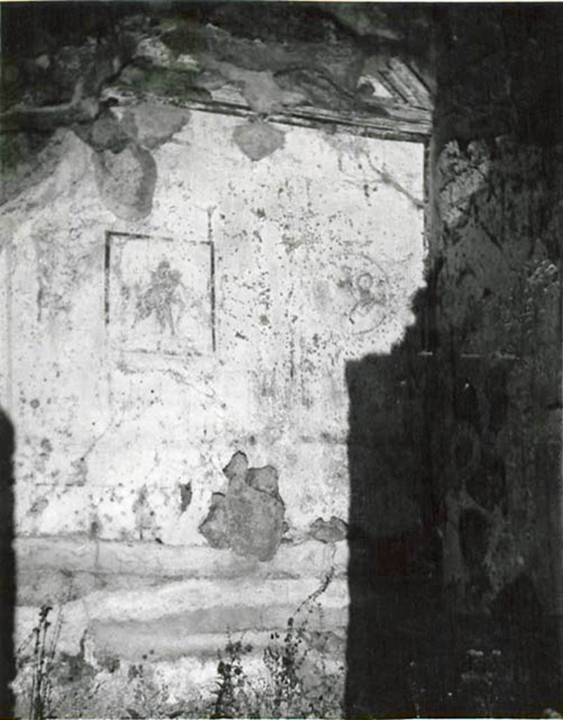 I.2.3 Pompeii. 1935 photo by Tatiana Warscher.
Looking towards north wall of cubiculum, with central painting of Poliphemus and Galatea.
Warscher described this as, by quoting Sogliano -
“I.2.3 Nel cubicolo (a destra?) erano tre quadretti; ne abbiamo solamente uno con Polifemo e Galatea. L’Arianna abbandonata è distrutta. Si vedono ancora le traccie dei medaglioni, uno coi busti di Marte e Venere.
She also quoted Mau, from Bull. Inst. 1874, p.202-3 –
“Le tre pareti di detta camera sono divise ciascuna in tre scompartimenti, ne’quali in mezzo a ciascuna parete vi è un piccolo quadro, sui due lati medaglioni con figure visibili sino al petto, circondati da ghirlande. In mezzo al muro di fondo abbiamo un quadro compagno di quello descritto dall’Helbig (no.1052) e spiegato per Polifemo e Galatea.
Qui Polifemo, nudo sta seduto, tenendo sulla coscia Galatea: si guardano affettuosamente negli occhi. Accante sta un ariete. Nel medaglione a sinistra una donna con capelli biondi e svolazzanti, armata di elmo e lancia, si rivolge a destra verso un uomo imberbe, che come pare le parla nell’orecchio. Nel madaglione a destra vediamo una donna con capello, turcasso e due lancie; sopra la sua spalla destra è visibile la testa d’un uomo imberbe e armato d’una lancia, che la guarda attentamente e sembra parlare; ella invece guarda dalla parte opposta con aria scontenta, se non m’inganna l’esecuzione trascurata. A sinistra si scorge come un vaso sopra una base.
In mezzo alla parete destra nel primo piano sta sdraiata Arianna, appoggiandosi sul braccio destro; nel fondo si scorge la nave. Nel medaglione a sinistra vi è una testa di baccante, e a destra di essa un vaso ed un tirso sopra un base. In quello a destra si vede una testa muliebre ed un’altra testa più piccola, di cui non si distinguono I dettagli.
See Warscher T., 1935. Codex Topographicus Pompeianus: Regio I.2. (no.6), Rome: DAIR, whose copyright it remains.
(translation: from Sogliano - “I.2.3 In the cubiculum (on the right?) were three paintings; of them we have only the one with Polyphemus and Galatea. The abandoned Ariadne was destroyed. You could still see the traces of medallions, one with the busts of Mars and Venus”.
from Mau – “The three walls of the room are each divided into three compartments, in the middle of which on each wall was a small picture, on either side of which were medallions with figures, surrounded by garlands. In the middle of the rear wall we have a companion painting of that described by Helbig (no.1052) and explained as Polyphemus and Galatea. Here was nude Polyphemus, sitting holding onto the thigh of Galatea, looking lovingly into each others eyes. Nearby was a ram. In the medallion on the left, we could see a flying figure of a woman with blonde hair, armed with helmet and spear, turning to the right towards a beardless man, who seemed to be speaking into her ear. In the medallion on the right, we could see a woman with hair, a quiver and two lances: visible above her right shoulder was the head of a beardless man also armed with a lance, looking attentively at her and seeming to speak; she instead looked towards the opposite side with an unhappy air, if we are not mistaken. On the left, one could see a pot on a base.
In the middle of the right wall in the foreground was Ariadne, lying down leaning on her right arm; in the background you could see the ship. In the medallion on the left there was the head of a bacchante, and to the right of it a vase and a thyrus on a base.
On the right you could see a head of a woman and another smaller head, but of these one couldn’t distinguish the details.”