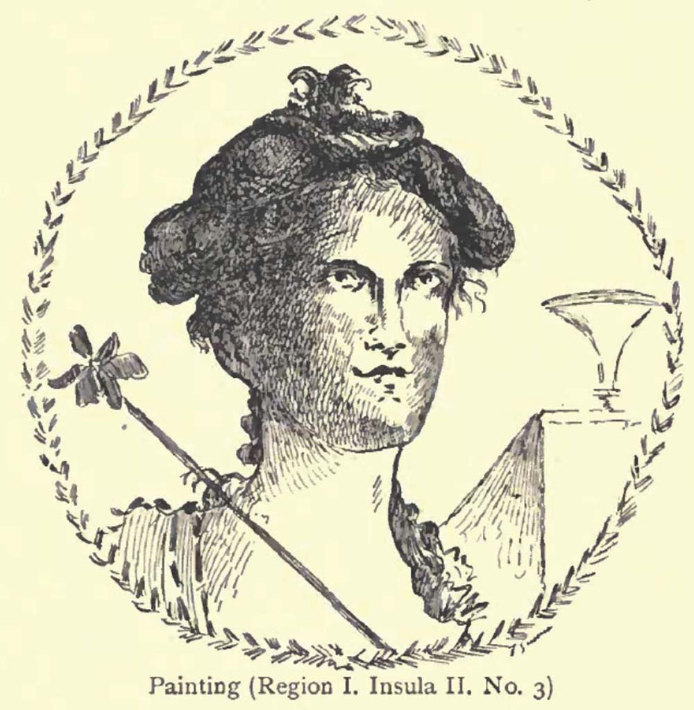 1.2.3 Pompeii. c.1900. Drawing by Pierre Gusman, medallion enclosed in circles of wreaths of leaves, showing a Bacchante with a vase on a base.
Probably from the third cubiculum on the left of the atrium, (north side).
See Gusman P., 1900. Pompeii: The City, Its Life & Art. London: Heinemann, p. 370.