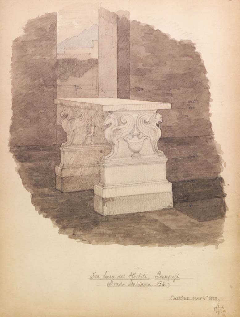 1.2.6 Pompeii. March 1882. Painting by Hector Estrup (1854-1904) from his 1882 Sketchbook, showing Table in atrium.
See Skitsebog Hector Estrup (1854-1904) Italiensrejse 1882, p. 20.
© Danmarks Kunstbibliotek, inventory number 52694.
http://kunstbib.dk/en/collections/sketchbooks/sketchbooks/000036205