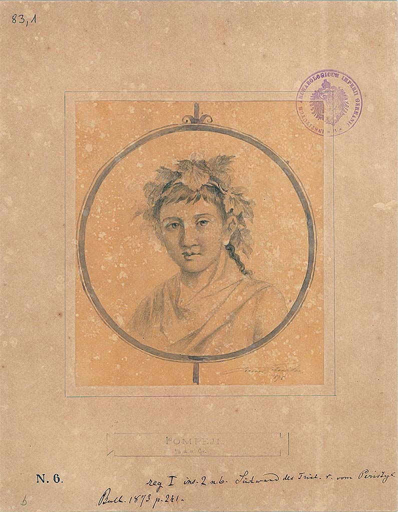 I.2.6 Pompeii. 1875 drawing by E. Eichler of a medallion of a young person crowned with vine foliage.
The drawing is titled “South wall of triclinium right from peristyle”.
PPM gives two possible locations, the second being this exedra at the side of the stairs on the opposite side of the peristyle.
DAIR 83,1. Photo © Deutsches Archäologisches Institut, Abteilung Rom, Arkiv.
See Pappalardo, U., 2001. La Descrizione di Pompei per Giuseppe Fiorelli (1875). Napoli: Massa Editore. (p.35)
See Carratelli, G. P., 1990-2003. Pompei: Pitture e Mosaici: Vol. I. Roma: Istituto della enciclopedia italiana, p. 13.