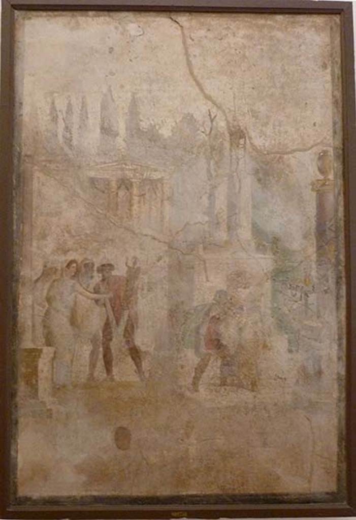 I.2.6 Pompeii. May 2010. Triclinium.
Wall painting of the Theft of the Palladium (Ratto del Palladio) found on the south wall.
Now in Naples Archaeology Museum, inventory number 109751.