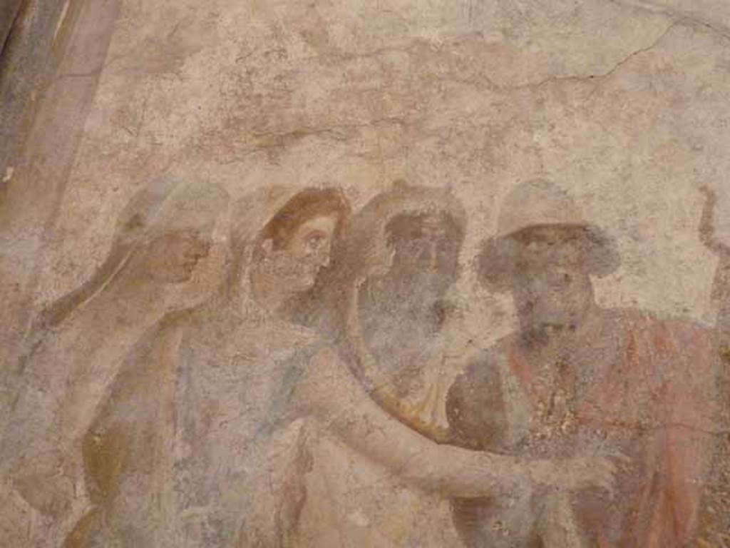 I.2.6 Pompeii. May 2010. Detail from the wall painting of the Theft of the Palladium (Ratto del Palladio) found on the south wall of the triclinium. From the left Etra (Aethra), Elena (Helen) with arm outstretched, Diomede and Ulysses (Odysseus). Now in Naples Archaeology Museum, inventory number: 109751