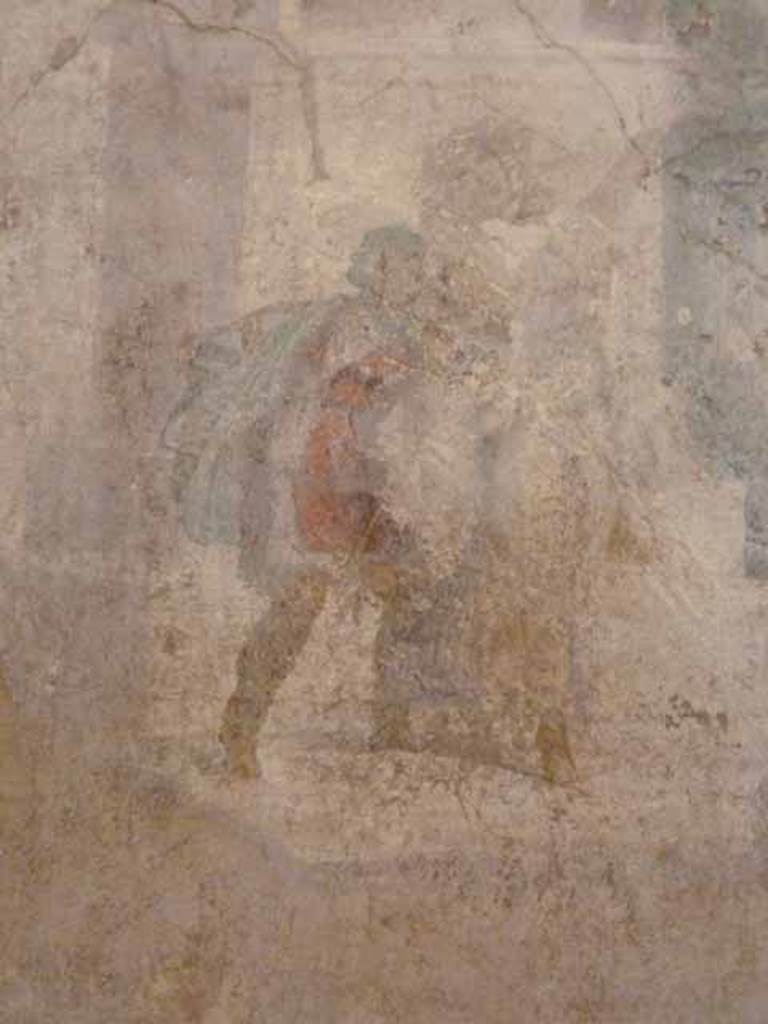 I.2.6 Pompeii. May 2010. Detail from the wall painting of the Theft of the Palladium (Ratto del Palladio) found on the south wall of the triclinium. On the right of the painting another of the Greeks forcibly removes the priestess who is opposing the theft.Now in Naples Archaeology Museum, inventory number: 109751.