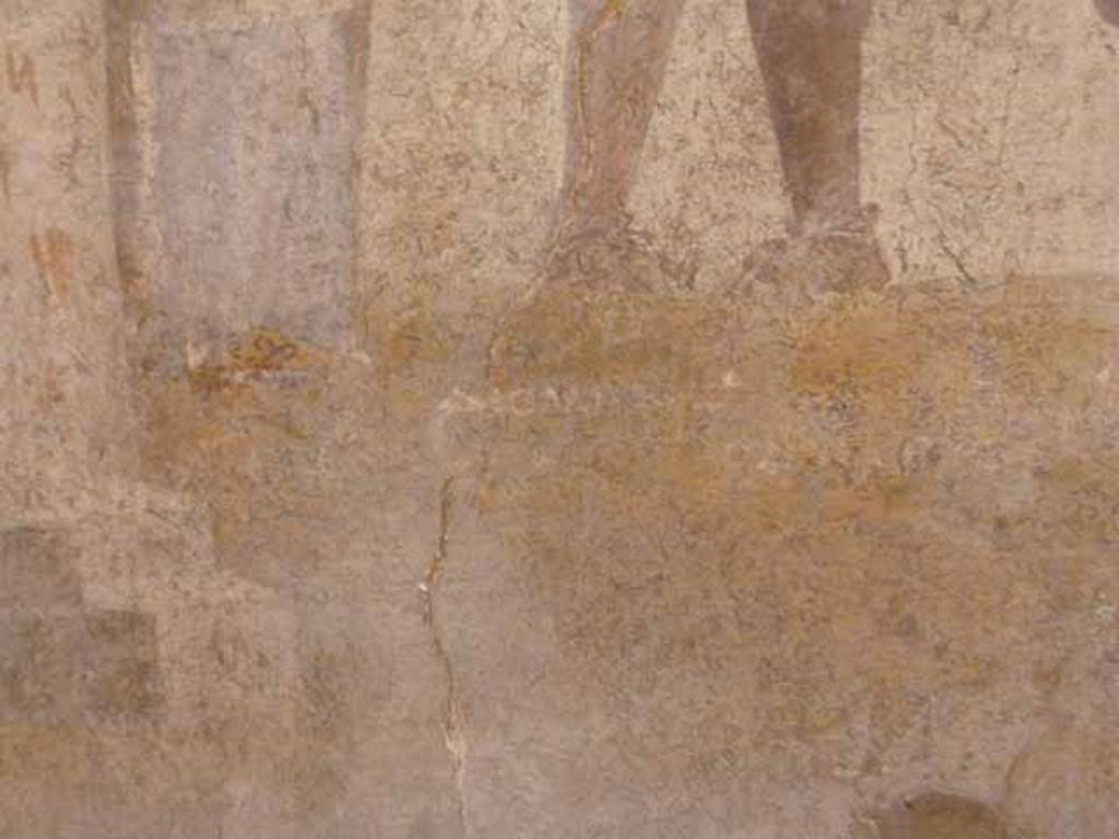 I.2.6 Pompeii. May 2010. Detail from the wall painting of the Theft of the Palladium (Ratto del Palladio) found on the south wall of the triclinium.
Names written under each figure. Now in Naples Archaeology Museum, inventory number: 109751