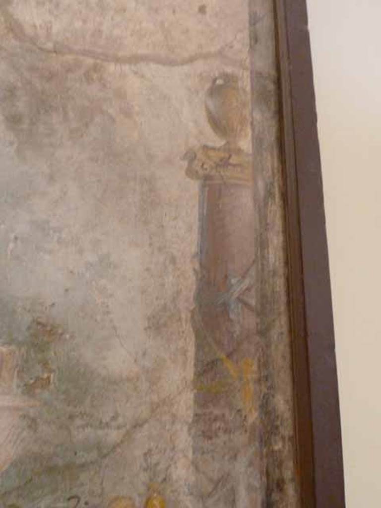 I.2.6 Pompeii. May 2010. Detail from the wall painting of the Theft of the Palladium (Ratto del Palladio) found on the south wall of the triclinium.
Right side of the painting. Now in Naples Archaeology Museum, inventory number: 109751