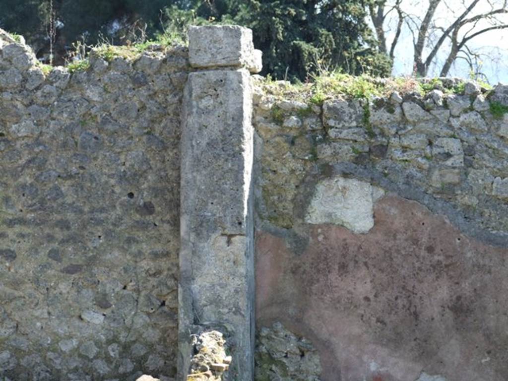 I.2.16 Pompeii. March 2009. Room 6. Pillar on the south east corner of the Garden area, and painted plaster on the garden wall..
