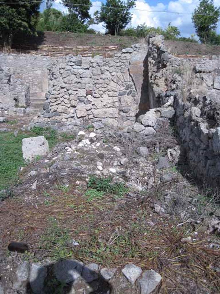 I.2.20 Pompeii. September 2010. Looking east across site of small room, along the south boundary towards the entrance. Photo courtesy of Drew Baker.
According to Sogliano, in one of these rooms on the left of the viridarium, a painting was discovered but which was very destroyed, showing a flying figure carrying a cornucopia.
“I.2.20, stanza a sinistra del viridario, A.0.30 – Figura alata molto distrutta, che porta un cornucopia” – (Bull. Inst. 1873, p.247).
See Sogliano, A., 1879. Le pitture murali campane scoverte negli anni 1867-79. Napoli: Giannini. (p.73, no.444).