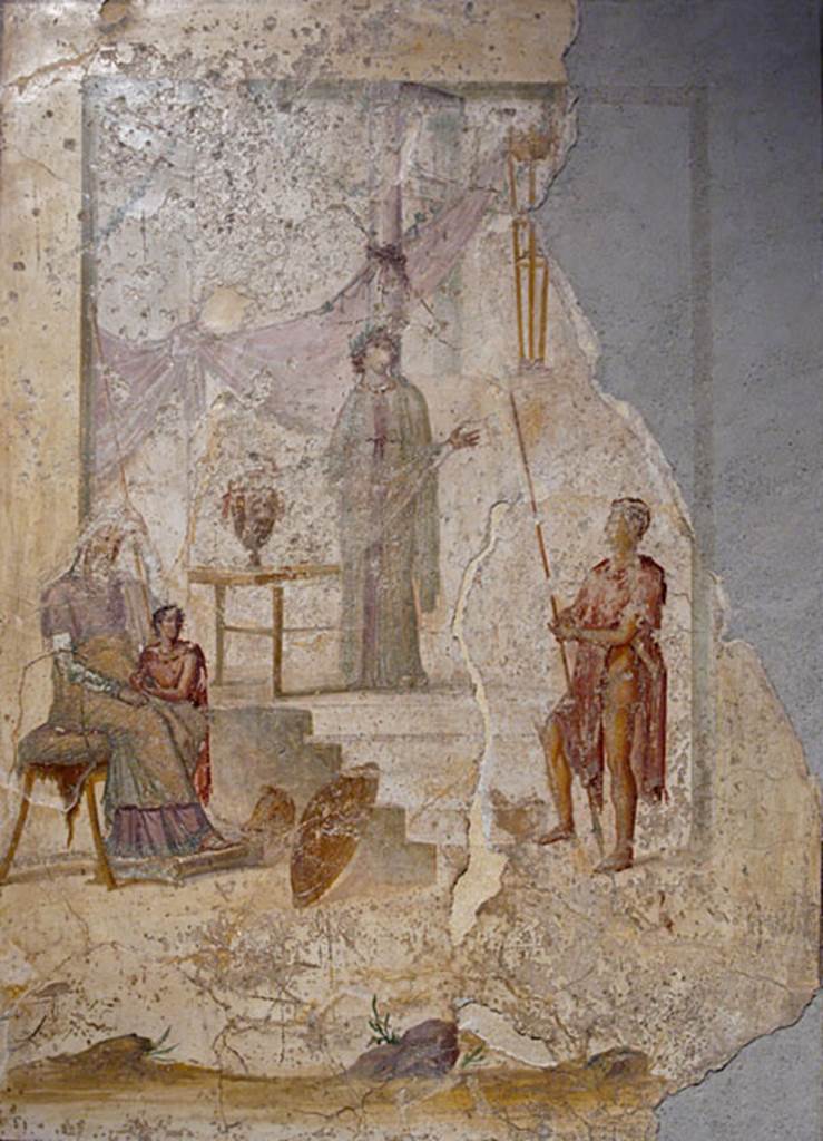 I.2.28 Pompeii. Wall painting found in the large triclinium. Cassandra (centre) predicting the downfall of Troy. Priam was seated on the left, with Paris (holding the apple of discord) and a warrior leaning on a spear, presumably Hector. Now in Naples Archaeological Museum. Inventory number 111476.