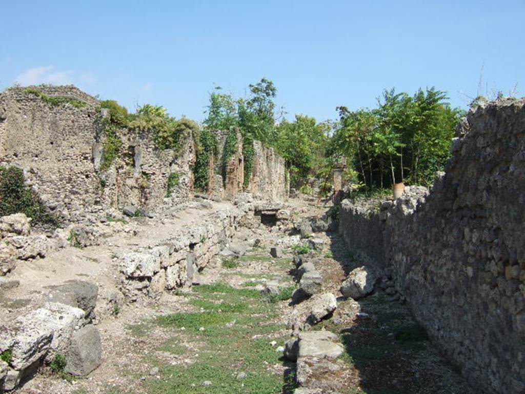 I.2.31 Pompeii. (on left). Remains of street wall on Vicolo del Conciapelle. Looking east.