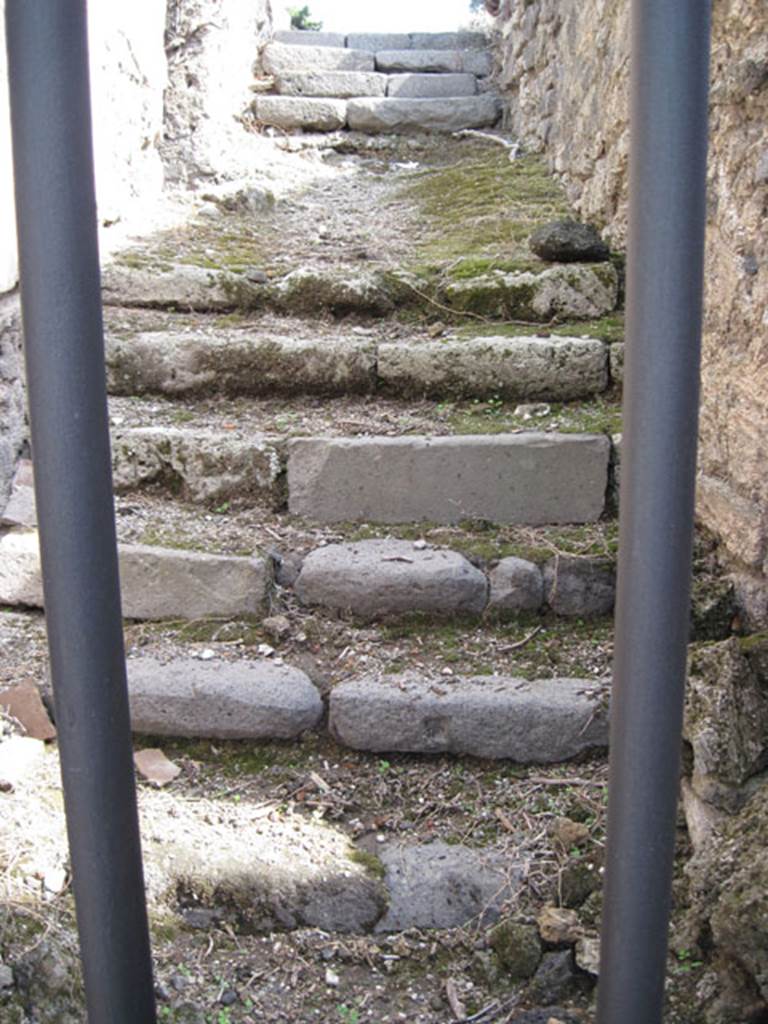 I.3.3 Pompeii. September 2010. Entrance leading from the east side of the atrium. The lower 7 steps lead to a sloping landing. On the north (left) side of the landing there is a doorway to further steps leading down to subterranean floor. A further 5 steps lead east from the landing to upper peristyle. Photo courtesy of Drew Baker.