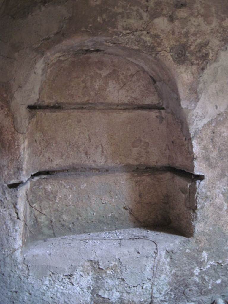 I.3.3 Pompeii. September 2010. Subterranean Level, detail of recess in north wall, with shelving slots. Photo courtesy of Drew Baker.