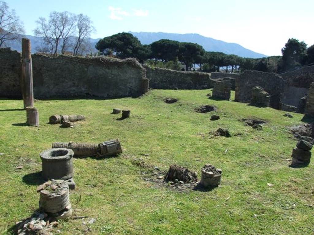 1.3.3 Pompeii. March 2009. Upper peristyle area, looking south-west across garden area from north-east corner. A tufa puteal, and remains of brick columns covered in stucco and painted red can be seen. According to Jashemski, the garden was enclosed on the west, north and east sides by a portico. The portico was supported by 10 columns and 2 engaged columns leaning against the south wall. The columns were made of brick and covered with stucco painted red. There was a gutter around the edges of the garden on the west, north and east. According to Mau, there were 2 cistern openings, one in the north-east corner of the garden, with a tufa puteal, the other opening in the corresponding corner of the portico. See Jashemski, W. F., 1993. The Gardens of Pompeii, Volume II: Appendices. New York: Caratzas. (p.26)