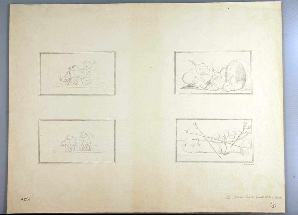 I.3.3 Pompeii. Drawings by Geremia Discanno, 1872, of four panels, two from triclinium, two from tablinum.
On the right, the two panels are from the triclinium.
The top panel from the east wall showing a still-life of a fallen basket with shell-fish, the lower from the south wall showing a still-life of Dionisiac offerings.
On the left, the two panels are from the tablinum showing cupids in chariots, being pulled by gazelles and panthers.
The top panel is from the east wall, the lower from either the north or south wall.
Now in Naples Archaeological Museum. Inventory number ADS 6.
Photo © ICCD. http://www.catalogo.beniculturali.it
Utilizzabili alle condizioni della licenza Attribuzione - Non commerciale - Condividi allo stesso modo 2.5 Italia (CC BY-NC-SA 2.5 IT)