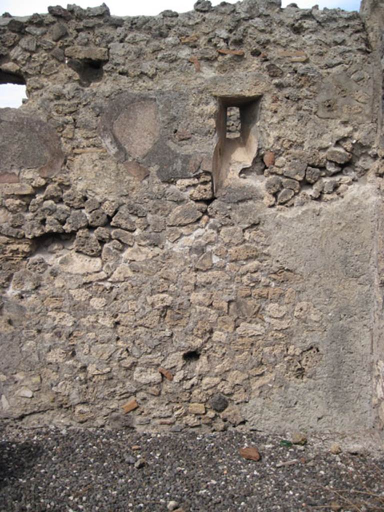 I.3.12 Pompeii. September 2010. North wall in rear room in north-east corner with slit window onto Vicolo del Menandro. Photo courtesy of Drew Baker. According to CTP, when the survey was written “the north wall of the back room has now vanished”.
See Van der Poel, H. B., 1986. Corpus Topographicum Pompeianum, Part IIIA. Austin: University of Texas. (p.6)