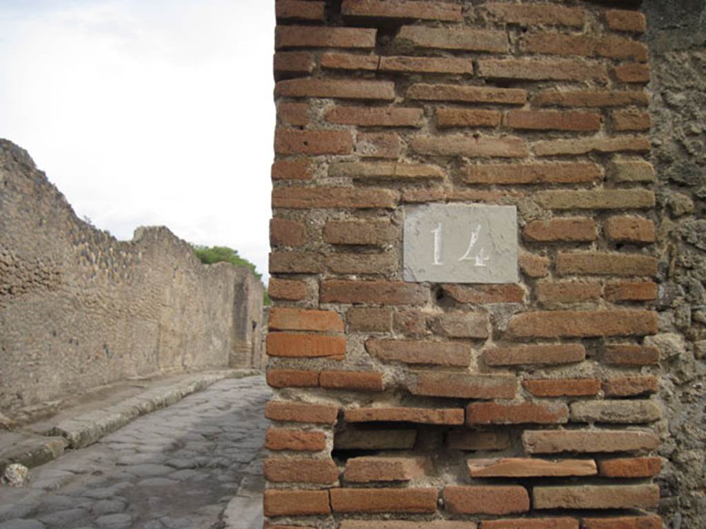 I.3.14 Pompeii. September 2010. Number ID Plate.Looking east. Photo courtesy of Drew Baker.