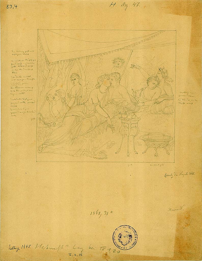 I.3.18 Pompeii. Drawing by L. Schulz dated 1868, of a banquet scene with couple kissing.
DAIR 83.4. Photo © Deutsches Archäologisches Institut, Abteilung Rom, Arkiv.