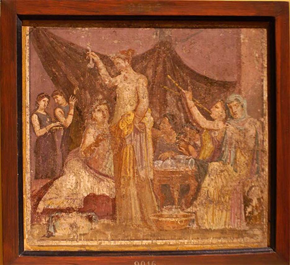 I.3.18 Pompeii. Wall painting of a women’s banquet scene.
Now in Naples Archaeological Museum. Inventory number 9016.
According to Richardson, the above painting was found with another banquet scene, inventory number 9015.
See Richardson, L., 2000. A Catalog of Identifiable Figure Painters of Ancient Pompeii, Herculaneum. Baltimore: John Hopkins, (p.120)