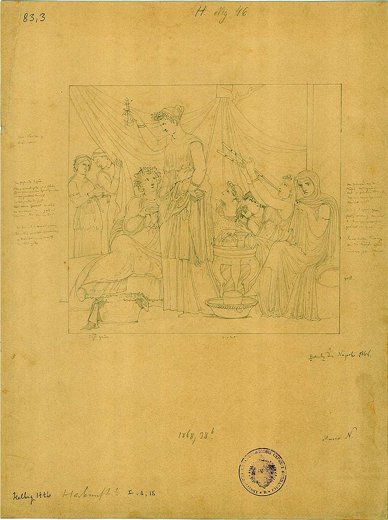 I.3.18 Pompeii. Drawing by L. Schulz dated 1868, of a women’s banquet scene.
DAIR 83.3. Photo © Deutsches Archäologisches Institut, Abteilung Rom, Arkiv.
