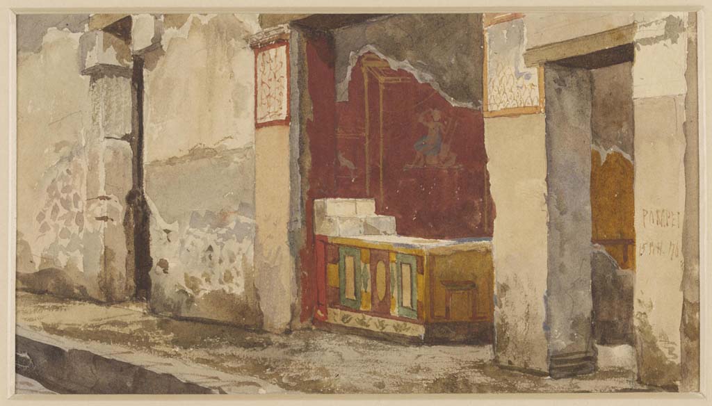 I.3.22 Pompeii. 15th September 1876. Watercolour by Luigi Bazzani “A shop in the Strada Stabiana, at Pompeii”.
Looking towards entrance doorway of thermopolium on Vicolo del Menandro, in centre.
On the left is the entrance doorway of I.3.23, with I.3.21, on the right.
Photo © Victoria and Albert Museum. Inventory number 2059-1900.