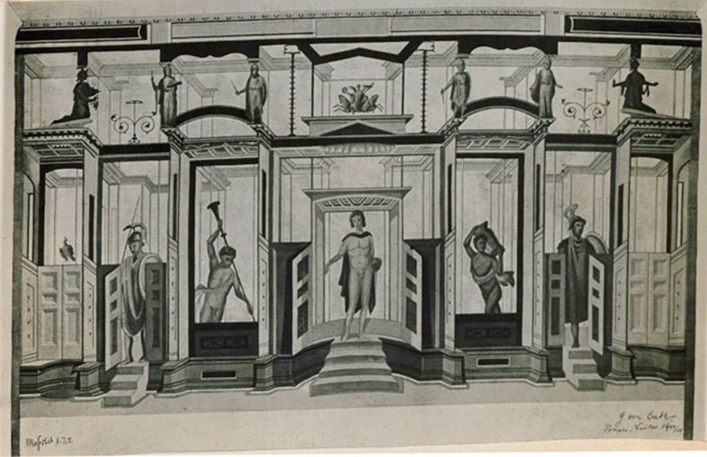 I.3.25 Pompeii. 1935 photograph taken by Tatiana Warscher. According to Warscher, not having found a photograph of the walls of this room, she included a reproduction of the design from G. von Cube, the author of the study published in his article entitled �Die romische Scenae Frons�, Tavola II, p.22
See Warscher, T, 1935: Codex Topographicus Pompejanus, Regio I, 3: (no.70), Rome, DAIR, whose copyright it remains.  
