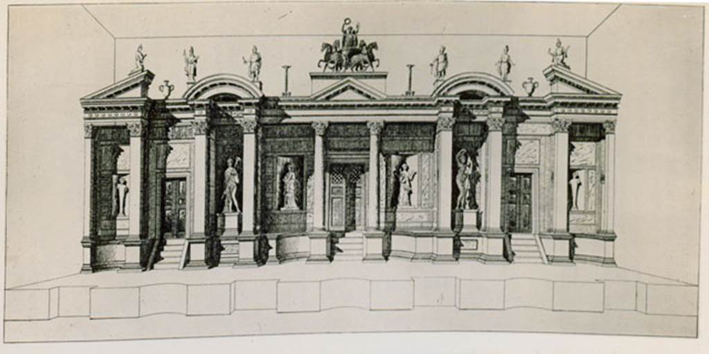 I.3.25 Pompeii. 1935 photograph taken by Tatiana Warscher of a reproduction of the reconstruction of the �Scenae Frons�. (Tavola III, p.23)
See Warscher, T, 1935: Codex Topographicus Pompejanus, Regio I, 3: (no.71), Rome, DAIR, whose copyright it remains.  
