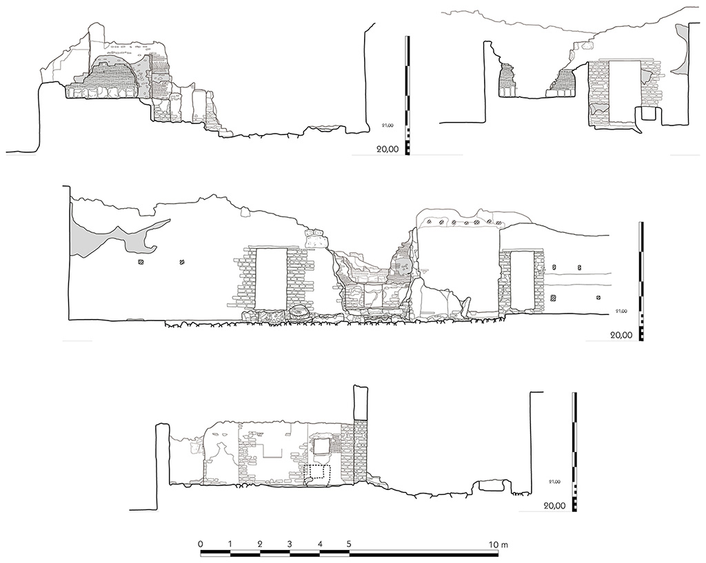 Fig. 10 – Pompéi, boulangerie I 3, 27 – Coupes longitudinale et transversale du four (en haut) ; salle des meules, élévation sud (au milieu) ; salle du pétrin, élévation occidentale (en bas).
Échelle : 1/100.
Relevé / dessin : F. Fouriaux / S. Mencarelli – EFR. Utilisation soumise à CC-BY-NC-SA 4.0