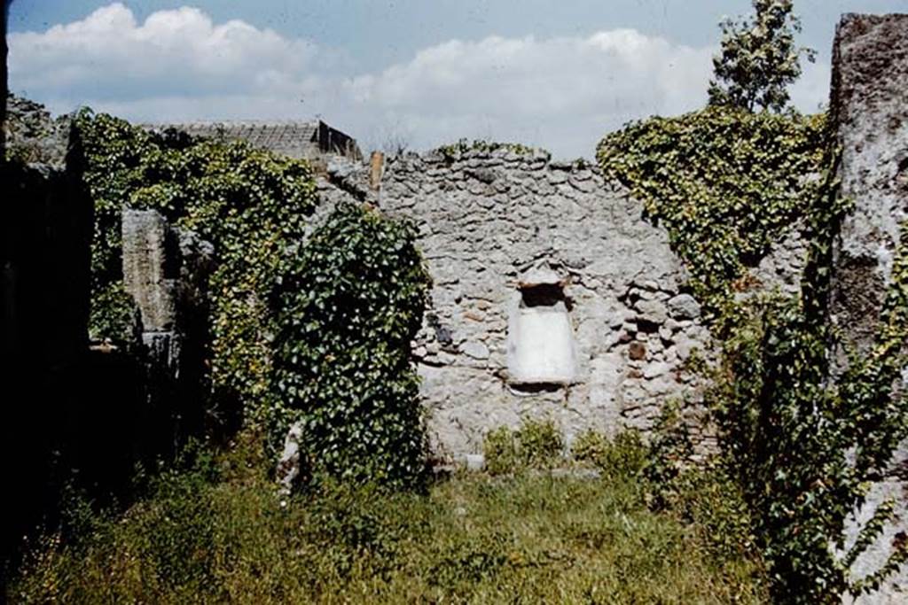I.4.9 Pompeii. 1959. Looking east. According to Jashemski, at the rear of the tablinum was a narrow planting area, with a niche lararium, visible from the entrance doorway. Photo by Stanley A. Jashemski.
Source: The Wilhelmina and Stanley A. Jashemski archive in the University of Maryland Library, Special Collections (See collection page) and made available under the Creative Commons Attribution-Non Commercial License v.4. See Licence and use details.
J59f0316