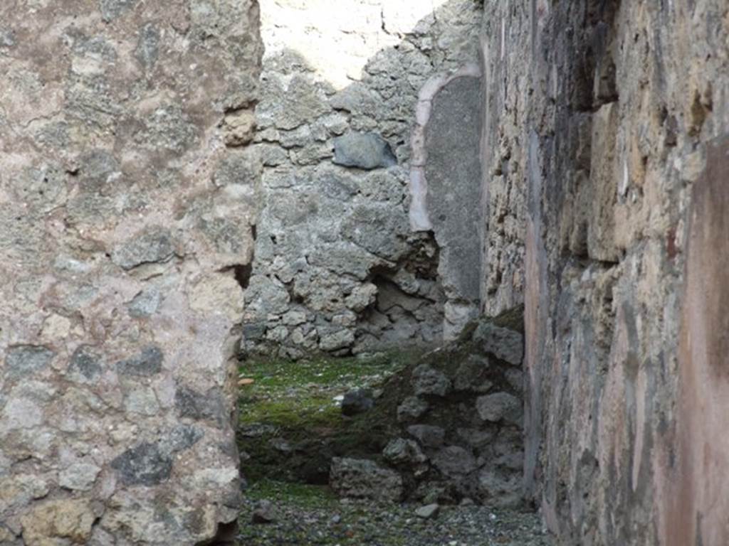 I.4.11 Pompeii. December 2007. Looking east from first rear room with doorway to second rear room and to viridarium and latrine. Looking towards the south-east corner of the second rear room. The latrine was in the south-east corner, according to Jashemski.
According to Boyce, on the north wall of the rear room was a lararium painting. He described the Genius pouring a libation upon an altar; on each side of him stood a Lar. Below him was the painted altar with the two serpents. Below that was a masonry altar.
See Boyce G. K., 1937. Corpus of the Lararia of Pompeii. Rome: MAAR 14. (p.25)
According to Jashemski, neither the lararium painting nor the masonry altar exists today. See Jashemski, W. F., 1993. The Gardens of Pompeii, Volume II: Appendices. New York: Caratzas. (p. 32)