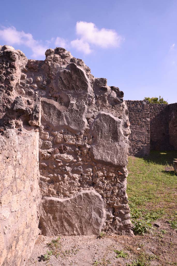 I.4.22 Pompeii. October 2019. Detail from east wall in north-east corner of room “d”.
Foto Tobias Busen, ERC Grant 681269 DÉCOR.