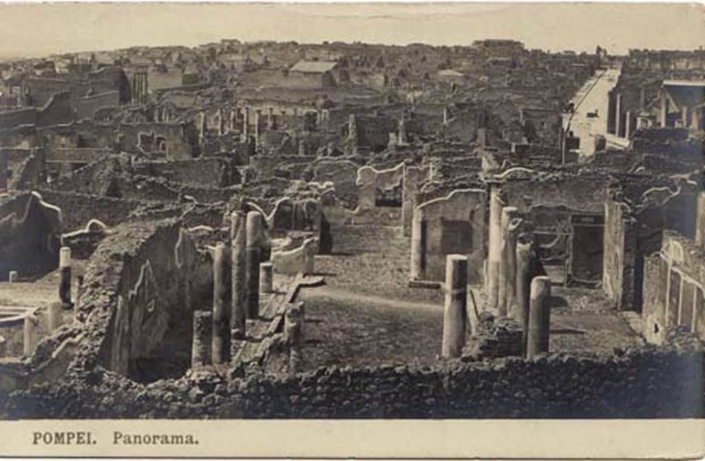 I.4.25 Pompeii. Old undated postcard. Photo courtesy of Drew Baker. Looking west across upper peristyle, with middle peristyle on the left. In the top right is the Via dell’Abbondanza leading to the Forum.
