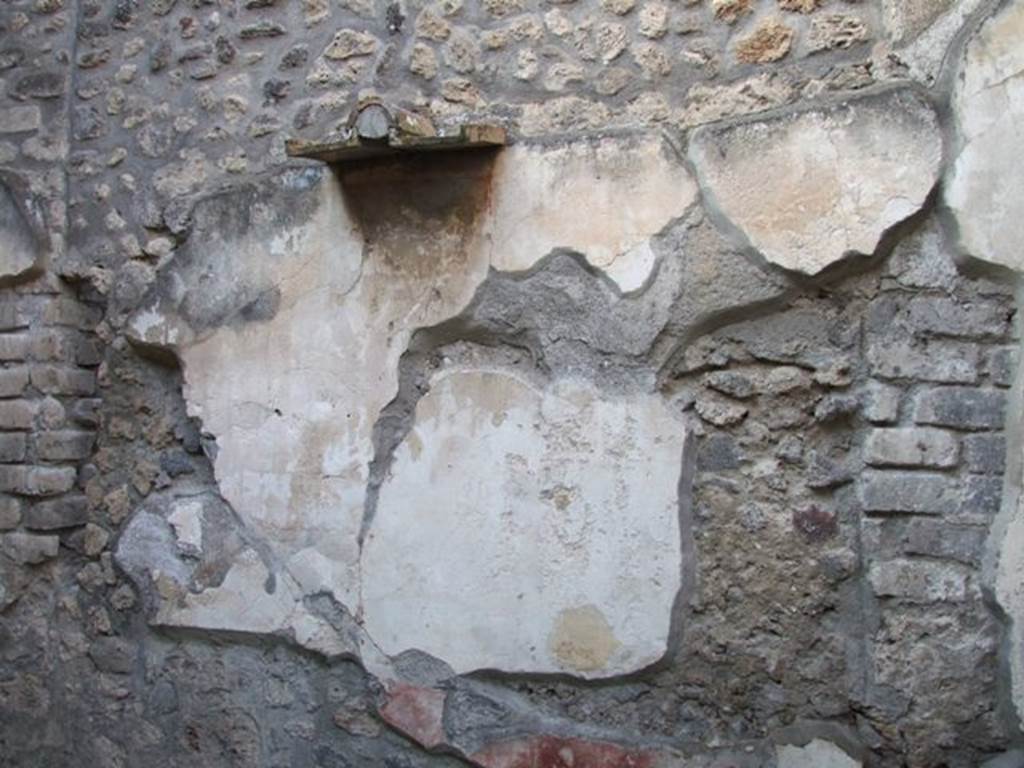 I.4.25 Pompeii. December 2007.
Room 50, north wall painted with a red zoccolo (with painted plants), a white middle area with a central painting of Satyr and Maenad.