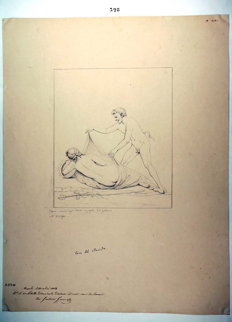I.4.25 Pompeii. Room 50, centre of north wall.
Drawing by Nicola La Volpe, 1859, of Satyr and Maenad seen in centre of north wall, but now completely faded.
See Helbig, W., 1868. Wandgemälde der vom Vesuv verschütteten Städte Campaniens. Leipzig: Breitkopf und Härtel, (542)
Now in Naples Archaeological Museum. Inventory number ADS 39.
Photo © ICCD. https://www.catalogo.beniculturali.it
Utilizzabili alle condizioni della licenza Attribuzione - Non commerciale - Condividi allo stesso modo 2.5 Italia (CC BY-NC-SA 2.5 IT)