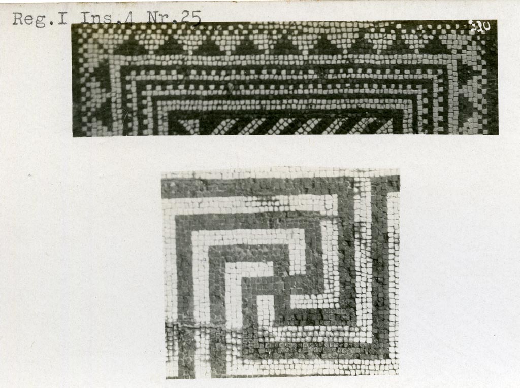 I.4.25 Pompeii. Pre-1937-1939. Lower photo of mosaic probably from exedra, room 35
Upper mosaic, not yet found, but perhaps from room 34 as it appears to be similar.
Photo courtesy of American Academy in Rome, Photographic Archive. Warsher collection no. 330.
