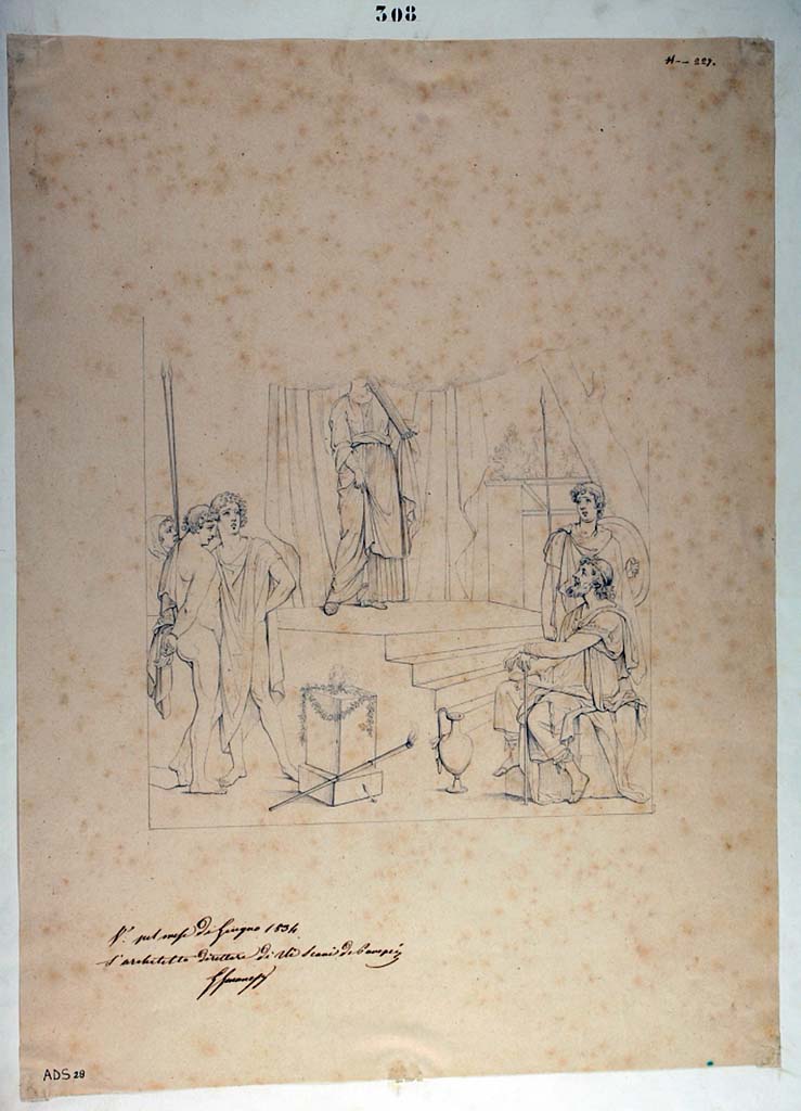 I.4.25 Pompeii. Room 35, exedra. Perhaps 1854. Drawing by Nicola La Volpe of wall painting from east wall.
According to Disegnatori, June 1834 is the date seen on the note on the lower left of drawing.
See Carratelli, G. P., 2003. Pompei: La documentazione nell'Opera di disegnatori e pittori dei secoli XVIII e XIX. Roma: Istituto della enciclopedia italiana, p. 599.
The excavation dates for I.4.25 and the dating of ADS 27 also in this house, by La Volpe and with a similar note (see below) to 1854 suggest this may perhaps also be read as June 1854.
Now in Naples Archaeological Museum. Inventory number ADS 28.
Photo © ICCD. http://www.catalogo.beniculturali.it
Utilizzabili alle condizioni della licenza Attribuzione - Non commerciale - Condividi allo stesso modo 2.5 Italia (CC BY-NC-SA 2.5 IT)