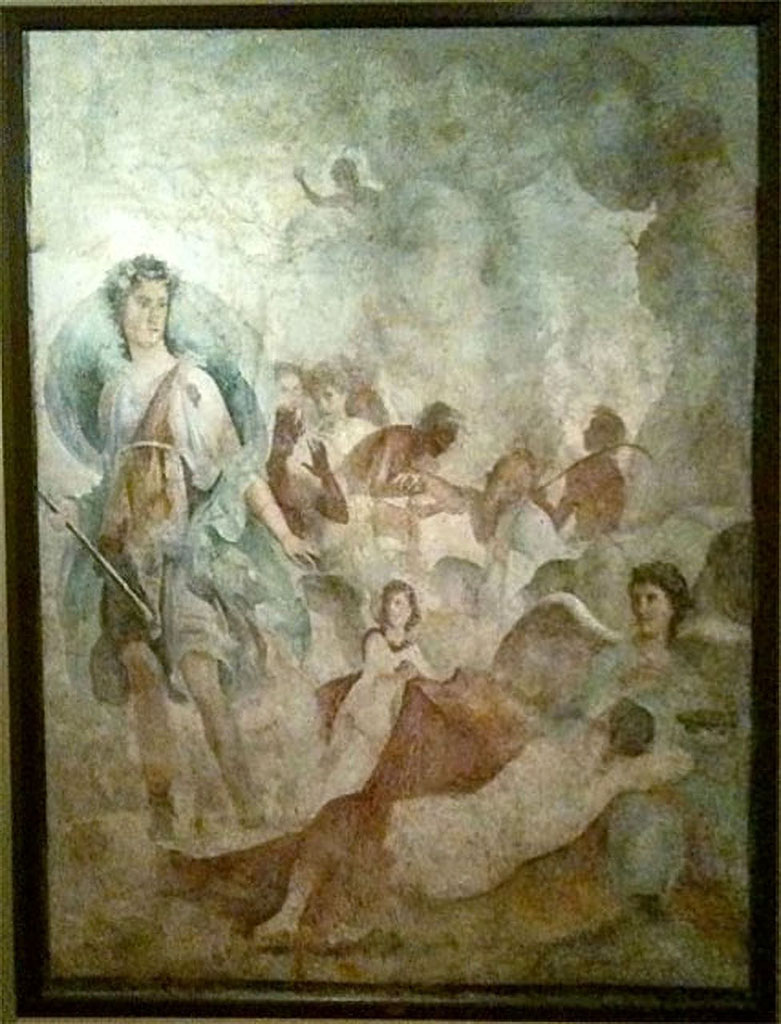 I.4.25 Pompeii. Room 35, south wall of exedra near lower peristyle 32.
Wall painting of Bacchus discovering the abandoned Ariadne.
Now in Naples Archaeological Museum. Inventory number 9286.
See Helbig, W., 1868. Wandgemälde der vom Vesuv verschütteten Städte Campaniens. Leipzig: Breitkopf und Härtel, (1239).