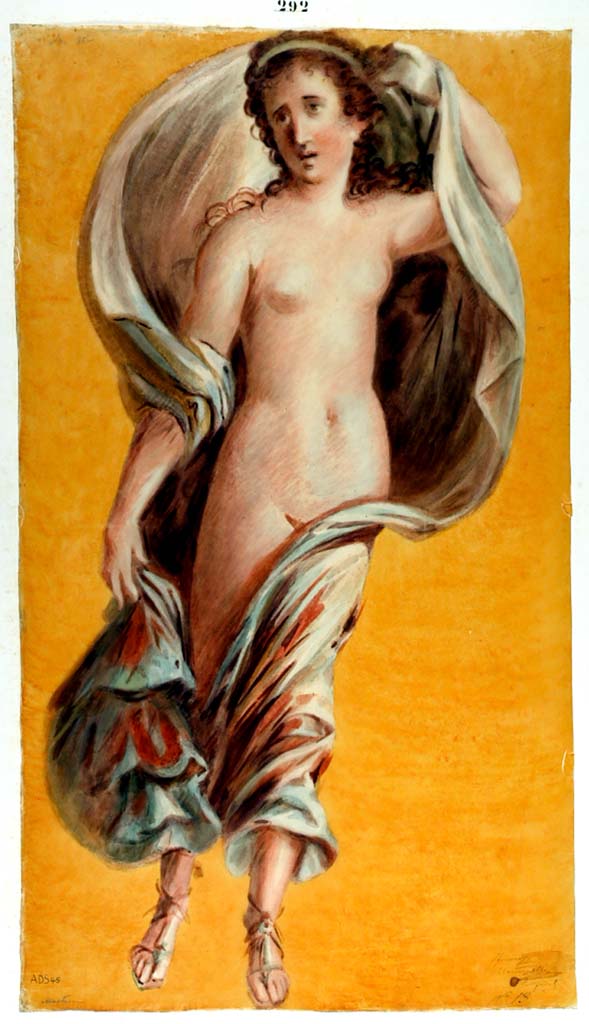 I.4.25 Pompeii. ADS 45. Painting by Michele Mastracchio, of female flying Bacchante on yellow background,
According to Disegnatori, p.489, no.86, the above figure was from Exedra 35.
Whereas according to p.372, 186/187, the same painting by Abbate below, the location was not recognisable.
See Carratelli, G. P., 2003. Pompei: La documentazione nell'Opera di disegnatori e pittori dei secoli XVIII e XIX. Roma: Istituto della enciclopedia italiana, p.489, no.86, p.372, 186/187.
Now in Naples Archaeological Museum. Inventory number ADS 45.
Photo © ICCD. https://www.catalogo.beniculturali.it
Utilizzabili alle condizioni della licenza Attribuzione - Non commerciale - Condividi allo stesso modo 2.5 Italia (CC BY-NC-SA 2.5 IT)