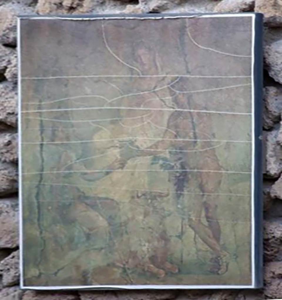 I.4.25 Pompeii. December 2007. Room 37, north wall of triclinium on west side of lower peristyle 32.
Reproduction of wall painting of the myth of Io, Argo and Mercury.
Now in Naples Archaeological Museum. Inventory number 9557.