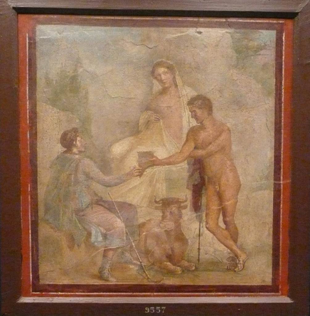 I.4.25 Pompeii.
Room 37, north wall of triclinium on west side of lower peristyle 32. Wall painting of the myth of Io, Argo and Mercury.
Now in Naples Archaeological Museum. Inventory number 9557.