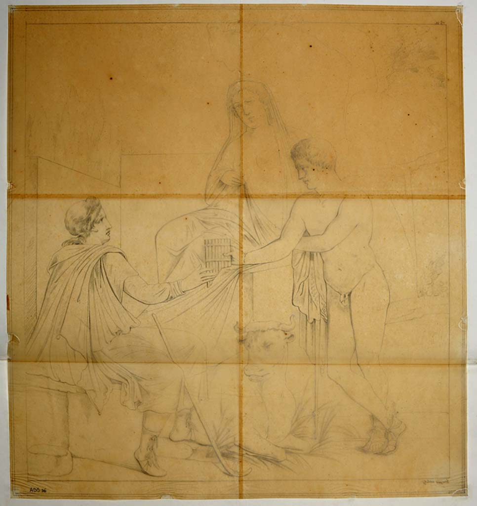 I.4.25 Pompeii. Room 37, north wall of triclinium on west side of lower peristyle 32.
Drawing by Giuseppe Abbate of wall painting of the myth of Io, Argo and Mercury.
See Helbig, W., 1868. Wandgemälde der vom Vesuv verschütteten Städte Campaniens. Leipzig: Breitkopf und Härtel, (137).
Now in Naples Archaeological Museum. Inventory number ADS 36.
Photo © ICCD. https://www.catalogo.beniculturali.it
Utilizzabili alle condizioni della licenza Attribuzione - Non commerciale - Condividi allo stesso modo 2.5 Italia (CC BY-NC-SA 2.5 IT)