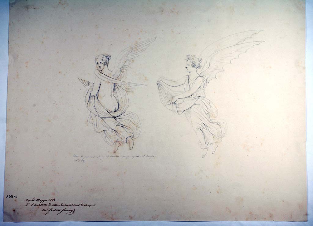 I.4.25 Pompeii. Room 37, panel with female flying figures, perhaps “Day” and “Night”.
The decoration on the walls has now faded away.
See Helbig, W., 1868. Wandgemälde der vom Vesuv verschütteten Städte Campaniens. Leipzig: Breitkopf und Härtel, (1951).
Now in Naples Archaeological Museum. Inventory number ADS 38.
Photo © ICCD. http://www.catalogo.beniculturali.it
Utilizzabili alle condizioni della licenza Attribuzione - Non commerciale - Condividi allo stesso modo 2.5 Italia (CC BY-NC-SA 2.5 IT)