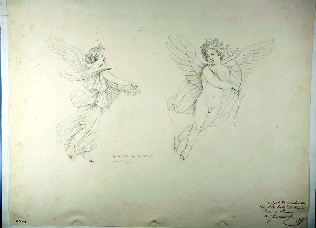 I.4.25 Pompeii. Room 37, panel with flying figures of Psyche and a Cupid.
The decoration on the walls has now faded away.
Now in Naples Archaeological Museum. Inventory number ADS 59.
Photo © ICCD. http://www.catalogo.beniculturali.it
Utilizzabili alle condizioni della licenza Attribuzione - Non commerciale - Condividi allo stesso modo 2.5 Italia (CC BY-NC-SA 2.5 IT)