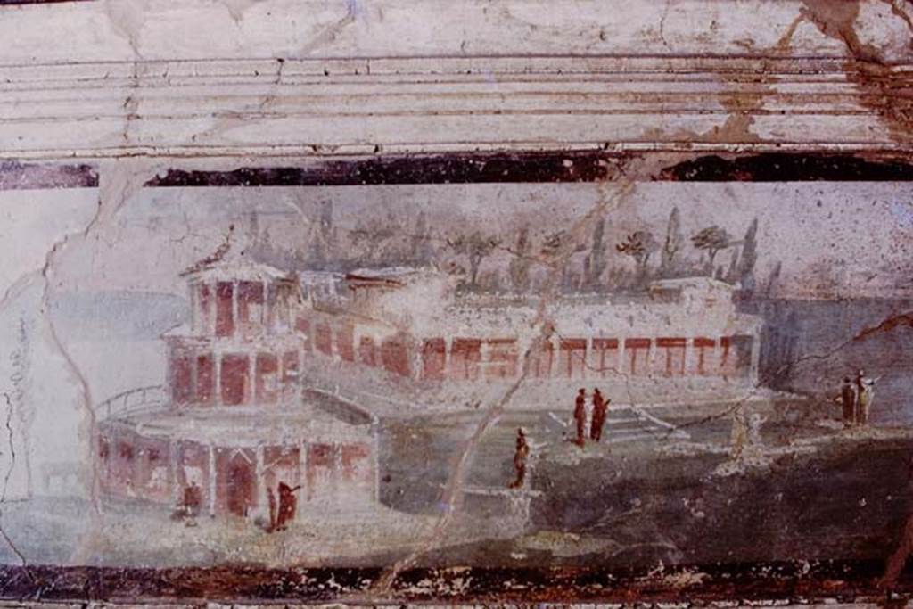 I.4.25 Pompeii. 1975.
Landscape painting of maritime villa from outside edge of epistyle, seen from garden of middle peristyle 17. Photo by Stanley A. Jashemski.
Source: The Wilhelmina and Stanley A. Jashemski archive in the University of Maryland Library, Special Collections (See collection page) and made available under the Creative Commons Attribution-Non-Commercial License v.4. See Licence and use details.
J75f0556