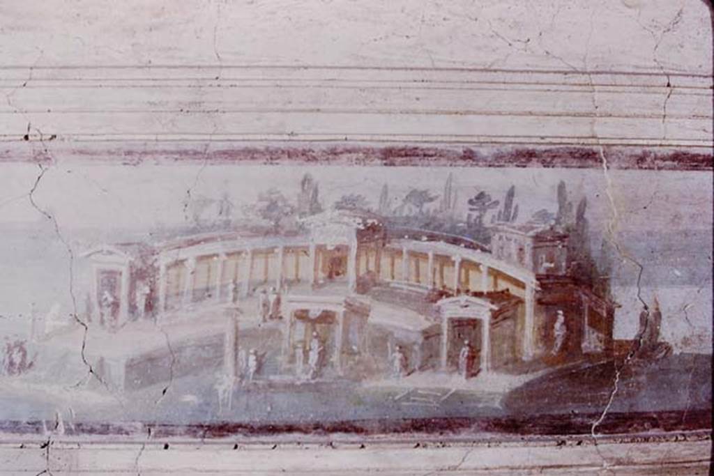 I.4.25 Pompeii. 1975.
Landscape painting of maritime villa from outside edge of epistyle, seen from garden of middle peristyle 17. Photo by Stanley A. Jashemski.
Source: The Wilhelmina and Stanley A. Jashemski archive in the University of Maryland Library, Special Collections (See collection page) and made available under the Creative Commons Attribution-Non-Commercial License v.4. See Licence and use details.
J75f0558