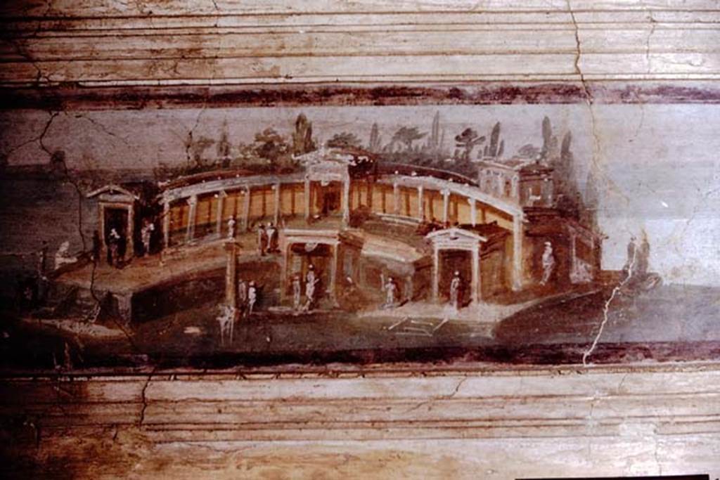 I.4.25 Pompeii. 1964.
Landscape painting of maritime villa from outside edge of epistyle, seen from garden of middle peristyle 17. Photo by Stanley A. Jashemski.
Source: The Wilhelmina and Stanley A. Jashemski archive in the University of Maryland Library, Special Collections (See collection page) and made available under the Creative Commons Attribution-Non-Commercial License v.4. See Licence and use details.
J64f1042