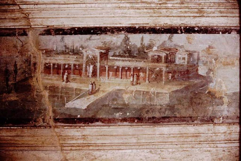 I.4.25 Pompeii. 1964.
Landscape painting of maritime villa from outside edge of epistyle, seen from garden of middle peristyle 17. Photo by Stanley A. Jashemski.
Source: The Wilhelmina and Stanley A. Jashemski archive in the University of Maryland Library, Special Collections (See collection page) and made available under the Creative Commons Attribution-Non-Commercial License v.4. See Licence and use details.
J64f1043
