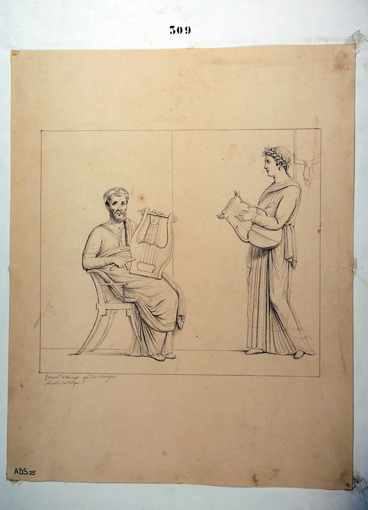 I.4.25 Pompeii. Room 23, south wall of cubiculum. 
Drawing by Nicola La Volpe of painting of Pindar and Corinna.
Now in Naples Archaeological Museum. Inventory number ADS 25.
Photo � ICCD. http://www.catalogo.beniculturali.it
Utilizzabili alle condizioni della licenza Attribuzione - Non commerciale - Condividi allo stesso modo 2.5 Italia (CC BY-NC-SA 2.5 IT)
