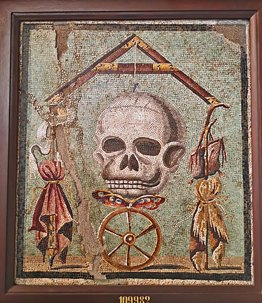 1.5.2 Pompeii. Triclinium in peristyle garden. Mosaic of a skull that formed the top of the triclinium table.
Now in Naples Archaeological Museum, inventory number 109982. Photo courtesy of Giuseppe Ciaramella. September 2024.
According to the information card -
“Memento mori”
Mosaic emblema in opus vermiculatum made from polychrome tesserae.
The mosaic depicts the allegory of death which levels distinctions between human beings.
At the top of the composition there is a plumb-bob with its plumb-line whose axis is death in the form of a skull; below, there is a butterfly, the soul, on a wheel, symbolising Fortune; between the arms of the plumb-bob are the symbols of poverty on the right (the saddlebag, the beggar’s stick and the cloak) and the symbols of wealth on the left (the sceptre, purple and the crown). (Mid-1st century BC.)
“Memento mori”
Emblema pavimentale in opus vermiculatum di tessere policrome.
Il mosaico raffigura l’allegoria della morte che riequilibra le sorti degli uomini.
Al vertice della composizione è una livella con il suo filo a piombo, la cui asse è la morte sotto forma di teschio; al di sotto una farfalla, l’anima, su una ruota, simboleggiante la Fortuna; tra i bracci della livella, sono i simboli della povertà a destra (la bisaccia, il bastone da mendicante e il mantello) e della ricchezza a sinistra (lo scettro, la porpora e la corona). (Metà del I secolo a.C.)