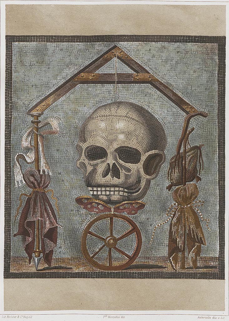1.5.2 Pompeii. Triclinium in peristyle garden.
Painting by Niccolini of mosaic of a skull that formed the top of the triclinium table.
According to Niccolini, this was a unique example found in Pompeii.
See Niccolini, F., 1862. Le Case ed i Monumenti. Book 2. (Tav. XLVIII).