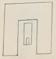 Warscher quoted Bull.Inst.1874, p.273 –4 -
“Il triclinio si distingue per un realzo di materiale sul lato corto del letto a destra di chi sta avanti al triclinio, destinato evidentemente per servire d’appoggio al gomito di chi giacesse in quell posto, mentre manca nel letto sinistra ove verso quell’estremità erano rivolti i piedi di chi occupava l’ultimo posto. Ecco le misure del triclinio; lunghezza de’letti destro e sinistro dal lato esteriore m.4,96, dal lato interiore 3,17, larghezza de’medesimi 1,54-1,55, distanza de’medesimi 1,80. La tavola di materiale è grande 1,78 + 0,93, ed ha questa forma;
Il taglio che si vede sul lato destro del nostro disegno, è dalla parte lasciata libera dai letti. Su questa tavola si trovo un mosaico trasportato adesso nel Museo Nazionale di Napoli e pubblicato nel Giornale degli Scavi Vol.III, tav.2. Esso ha su fondo verde la seguente rappresentazione, eseguita con molto accuratezza. Di sopra si vede un archipendolo di color bruno, coll’angolo rivolto in su, nelle estremità e nelle congiuntore guarnito di piastre di bronzo, rappresentate di color giallo colle ombre più scure, ed inchiodate a chiodi di color nero e bianco. Dall’angolo mediante un cordoncino bianco pende il piombino che ha la forma d’una piramide capovolta, e la cui metà destra è di color azzurro, mentre in quella sinistra non rimangono che tenui traccie dell’azzurro sovraposto originariamente al fondo verde del mosaico. L’analogia della punta d’asta a mentovasi più avanti ci lascia supporre, che tale metà fosse d’un azzurro più chiaro.
Sotto l’estremità destra del’archipendolo sta un pedum di color bruno. La parte curvata è rivolta in su e sotto di essa si trova un ramo a cui è sospesa una tasca bruna. Più in giù è attaccata al pedum mediante cordoncino bianco una veste lionata i cui lembi toccano il suolo. Sotto l’altra estremità del’archipendolo sta una lancia con asta forte, la punta appoggiata sul suolo. All’estremità superiore che finisce in una palla, è attaccata una benda bianca, le cui estremità finiscono in tre punte; più in giù una vesta rossigna è attacata alla lancia mediante cordoncino giallo. La lancia stessa è bruna, la punta azzurra, la metà sinistra più chiara. – Sotto il piombino, dimodochè questo la tocca, si vede una testa di morto, rivolta un poco a destra. Ed esguita in bianco, nero e grigio.
Di sotto quindi vi è una farfalla le cui alle son rosse coll’orlo superiore giallo e con macchie eseguite in bianco, turchino e giallo. Il corpo è piccolo e di color chiaro. Finalmente una ruota bruna e bianca sta sul suolo sotto la farfalla”.
See Warscher T., 1936. Codex Topographicus Pompeianus: Regio I.1, I.5. (dopo no.32), Rome: DAIR, whose copyright it remains