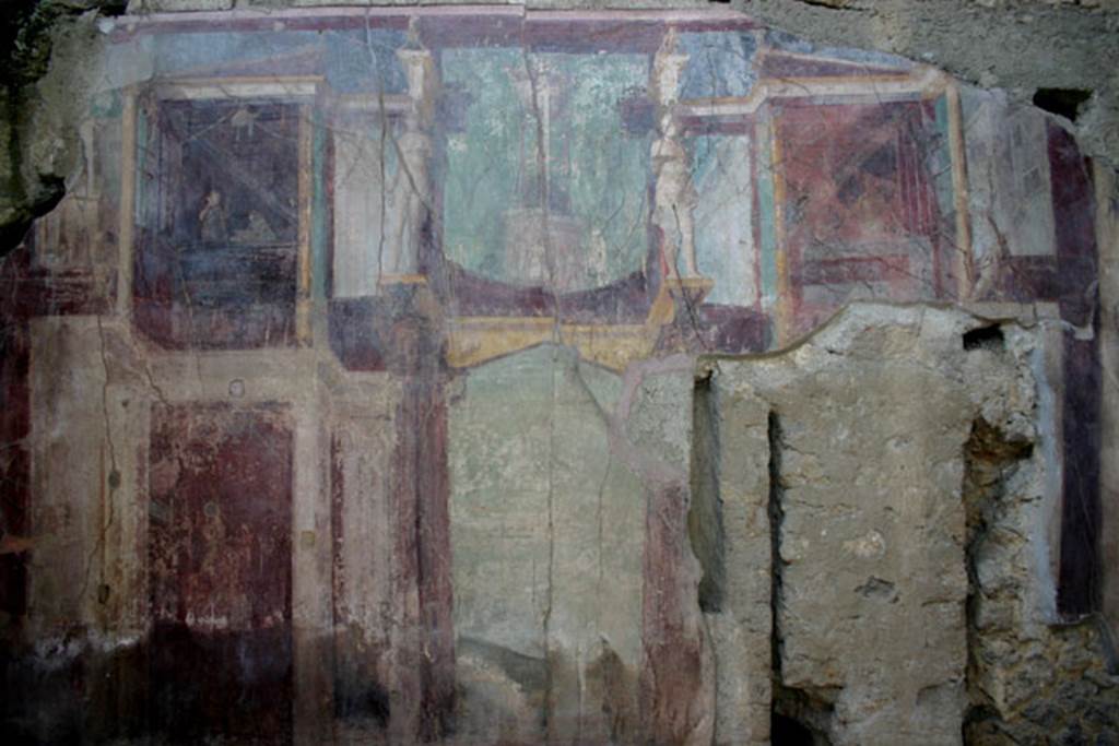 I.6.2 Pompeii. December 2007. Frigidarium north wall. According to Peters, in the centre of the north wall was a landscape, however it has now faded. Spinazzola was able to see an Artemis statuette on a column in the right upper corner. See Peters, W.J.T. (1963): Landscape in Romano-Campanian Mural Paintings.The Netherland, Van Gorcum & Comp. (p.24)